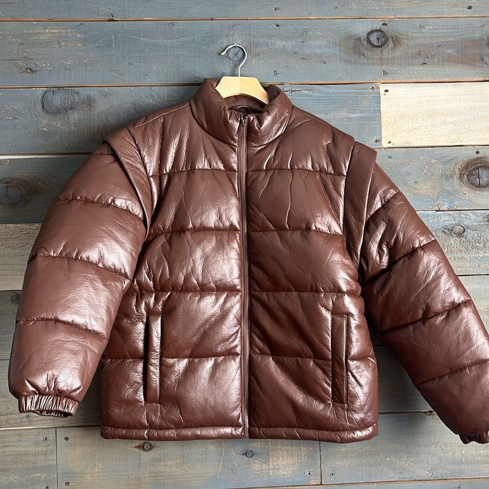 Weworewhat Faux Leather Detachable Sleeve Puffer Vest Jacket S Brown